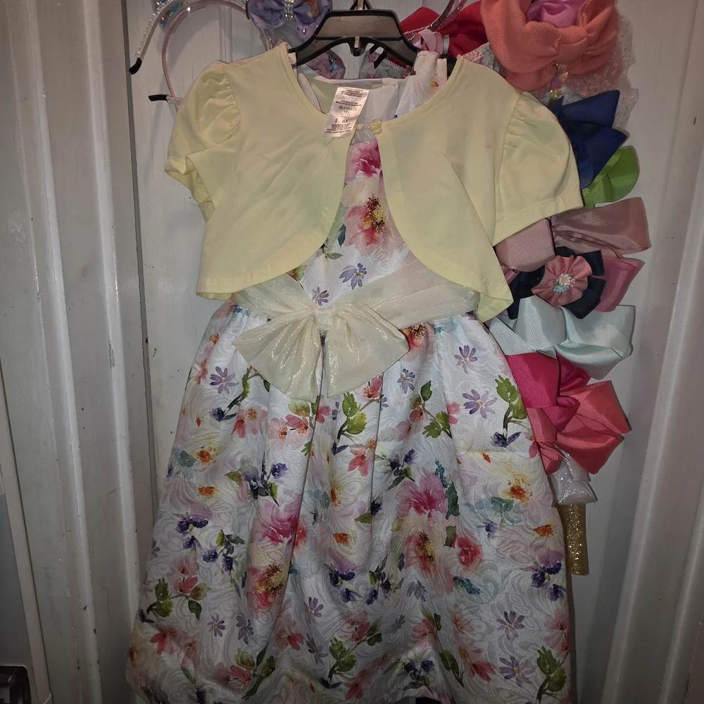 Bonnie Jean White Floral Satin Dress with Pale Yellow Bolero and Gold Bow